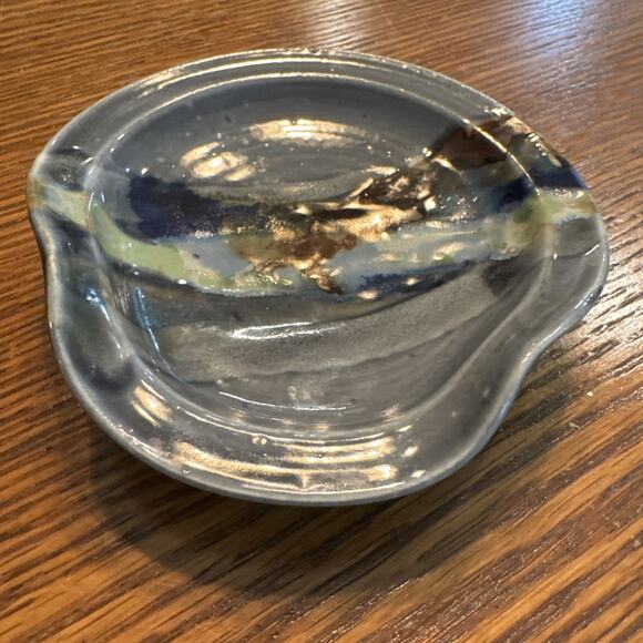 Studio Art Pottery Spoon Rest Bowl Dish Blue Gray Ocean Abstract Glazed Earthy - Picture 1 of 16